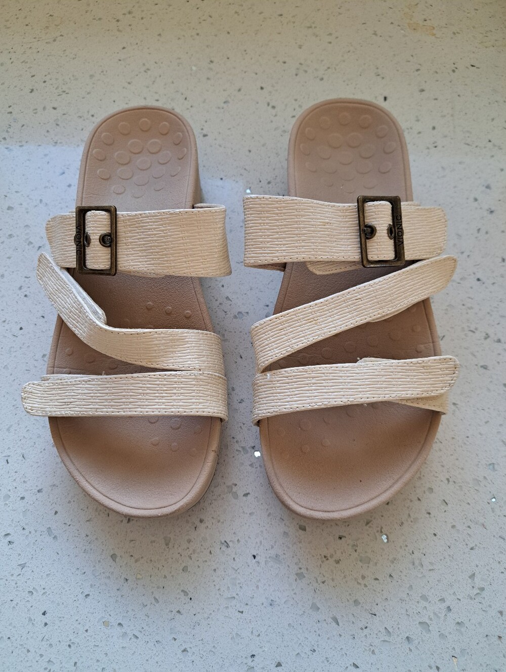 VIONIC Women's Beige Textured Strap Slide Sandals